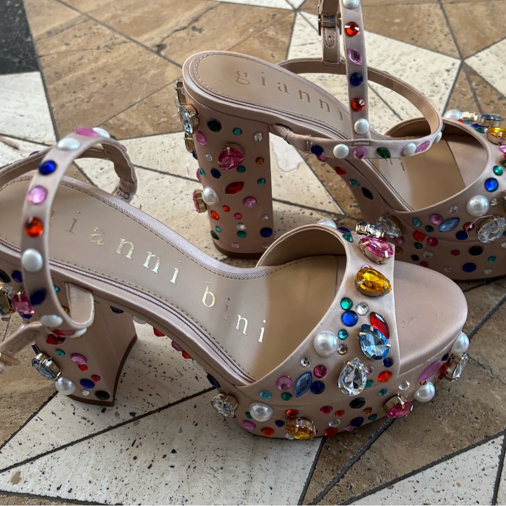 Gianni Bini Jewel-Studded Platform Heels - Beige